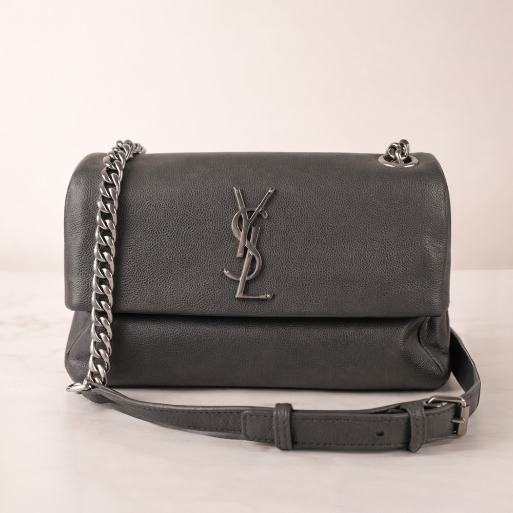 YSL West Hollywood Monogram Fold Over Leather Bag Grey